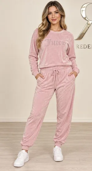 Juicy Couture Pink Velour Rhinestone Logo Lounge Set Top & Joggers Medium thumbnail 1