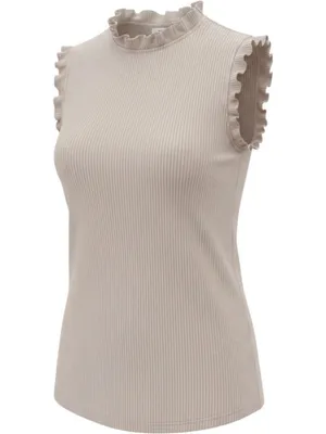 Maurices NWT Beige Tan Vineyard Ribbed Sleeveless Ruffle Trim Tank Top Shirt thumbnail 2