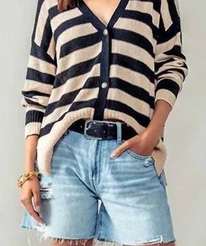 NWT Heyday‎ Black and Beige Striped Cardigan thumbnail 1
