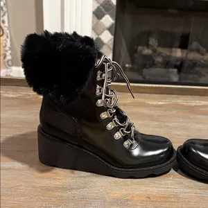 INC Hannia Patent Faux Fur Lace-Up Wedge Booties‎ Black Size 5.5 NIB thumbnail 4