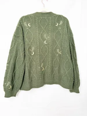 Disturbia Dianne Embroidered Cable Knit Cardigan Moon Star Fern Olive Green Knit thumbnail 4