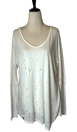 Trouble At The Mill‎ Shirt Women Medium White V Neck Distressed Long Sleeve Tee thumbnail 1