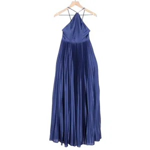 Lulus Elaborate Charm Maxi Dress Womens Navy Blue Satin Pleated Adjustable Strap thumbnail 2