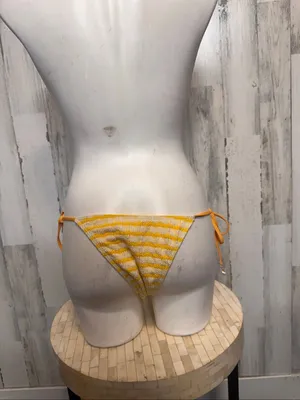 SHEIN Textured Terry Stripe String Bikini Bottoms Womens XS Yellow Gold Charms thumbnail 4
