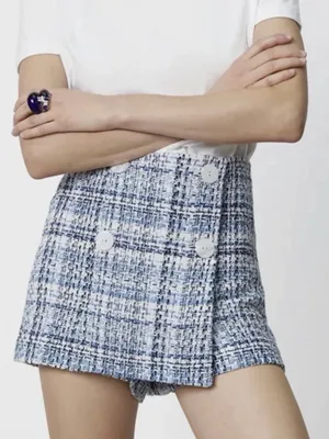 ZARA NWT Textured Tweed High Waist Skort Blue White Button Detail Size M thumbnail 1