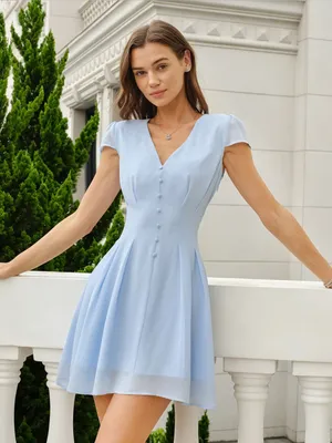Rihoas Blue V Neck Tunic Button Mini Dress thumbnail 1