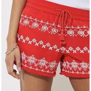 LOFT Red Embroidered shorts LINEN VISCOSE drawstring BOHO pockets Fray Edge sz S thumbnail 1
