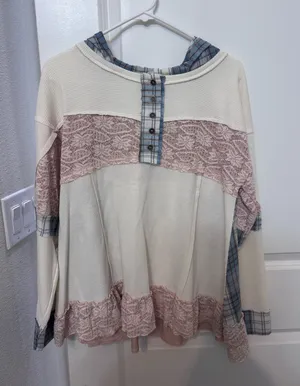 POL Cream Long Sleeve Top with Dusty Rose Lace & Blue Plaid Trim Hoodie thumbnail 1