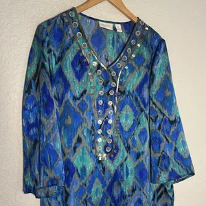 Chico’s Blue Watercolor Silver Beaded Tunic Top Party Resortwear Size 2 Large thumbnail 2