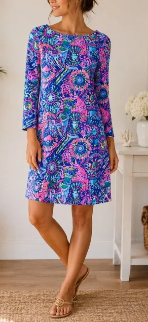 Lilly Pulitzer Style Bright Neon Long Sleeve Shift Dress Blue Pink Tropical XXS thumbnail 1