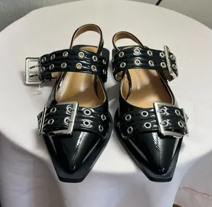 Black Patent Pointed Slingback Mules with Buckle Straps thumbnail 1
