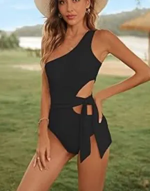 Aerie cut out waist tie one-Shoulder black Swimsuit NEW thumbnail 2