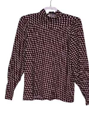 Ann Taylor Mock Neck Houndstooth Blouse Burgundy Cream Medium NWT Popover thumbnail 6
