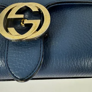 Gucci GG Interlocking Navy Leather Satchel with Gold Chain Made in Italy thumbnail 8