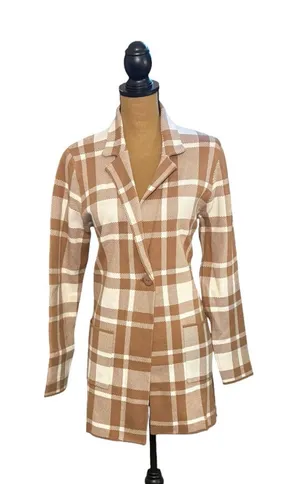 Christian Siriano Women L Plaid Knit Blazer Tan Cream Longline Preppy Office thumbnail 1