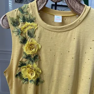 Hummingbird Yellow Distressed Applique Floral Sleeveless Tshirt Oversized S thumbnail 2