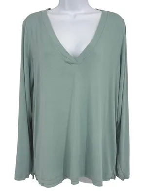 POL V Neck Top Women LG Sage Green Long Sleeve Minimalist Lightweight Capsule‎ thumbnail 1