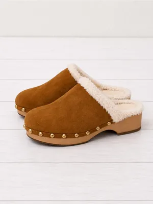 Caslon Cozy Sherpa-Lined Gold Studded Cognac Brown Suede Mule Clog Shoes Size 9 thumbnail 7