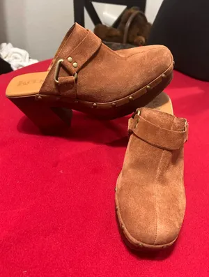 Mules by Korks Suede Tan Clog w/Buckle & Stud Trim thumbnail 1