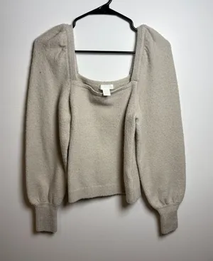 H&M Women's Oatmeal Square Neck‎ Puff Sleeve Sweater thumbnail 1