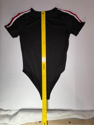 SHEIN Black Short-Sleeve Bodysuit with Red and White Shoulder Stripes thumbnail 3