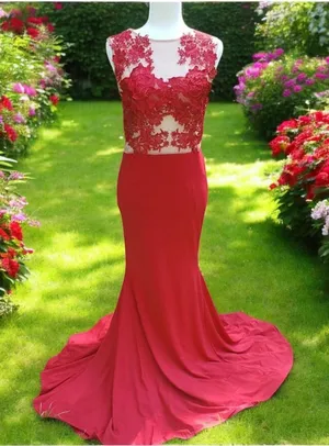 CQ by CQ size medium M Red Mermaid Prom Dress Lace Mesh floral bodice thumbnail 1
