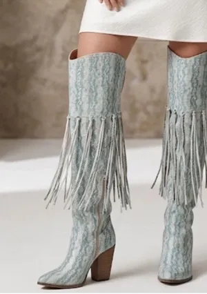 dingo Teal Snake-Print Fringe Over-the-Knee Boots thumbnail 1