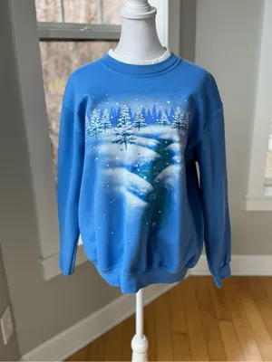Vintage 80s 90s Cottagecore Blue Winter Scene Sweatshirt Rhinestone Accents Sz M thumbnail 8