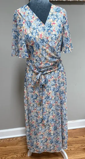 Ralph Lauren Midi Wrap Dress 8 Blue Georgette Floral Belted Chiffon Flounce thumbnail 1