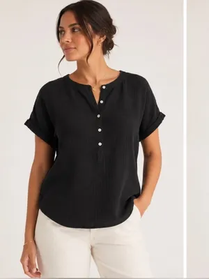 Quince Small Organic Cotton Gauze Roll Sleeve Shirt Black thumbnail 2