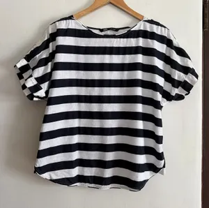 ZARA Linen Blend Black and White Striped Boxy Cap Sleeve Bateau Neck Shirt Large thumbnail 1
