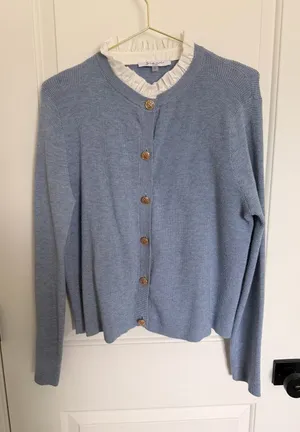 Cute Blue Waffle Knit Gold Button Cardigan with Ruffle Collar thumbnail 1