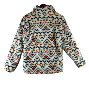 Eddie Bauer Womens Small Faux Fur Pullover‎ Aztec Print Quarter Zip Pink Trim thumbnail 3
