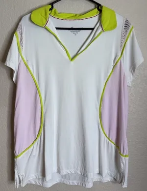 Swingdish Womens XL Polo Shirt White Pink Lime Green Lace Trim Golf Top Preppy thumbnail 1