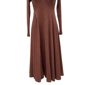 Halara Dress Sz Sm Ribbed Knit Flare Long Sleeve Flowy Casual Brown Minimalist‎ thumbnail 3