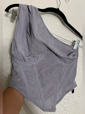 Missguided One-Shoulder Light Gray mesh Corset zip up Top size 6 thumbnail 4