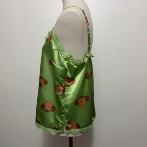 Y2K Aeropostale Monkey Print Satin Lace Trim Cami Tank Top XL Green Kawaii thumbnail 4