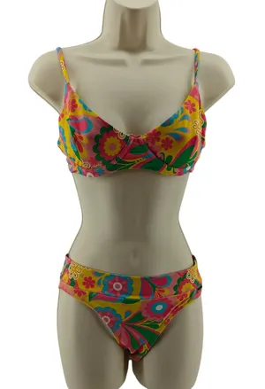 Blackbough 70s Psychedelic Flower Pink Yellow Blue Bikini Set Womens Small thumbnail 1
