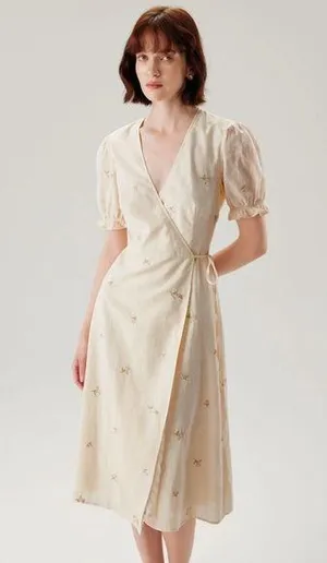 Rihoas Beige Embroidery Puffed Sleeve Wrap Midi Dress thumbnail 1