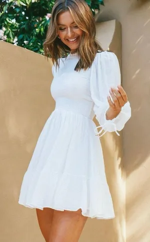 Selfie Leslie‎ White Secret Garden Long Sleeve Smocked Bodice Dress Size Large thumbnail 1