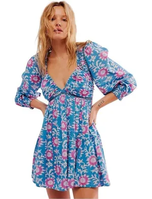 Free People Sacha Mini Babydoll‎ Dress Blue Pink Floral Open Back Boho Small New thumbnail 1