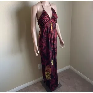 Alice + Olivia Silk V-Neck Halter Top Maxi Dress Red Orange Roses Size Large thumbnail 3