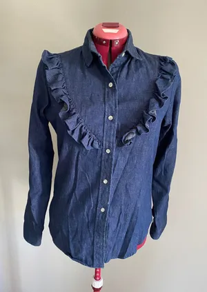 Lee Chambray button down ruffle front dark wash 1980s western thumbnail 1