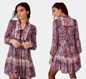 Anthropologie Floral A-Line Dress Multicolor Tie Ruffle V-Neck Long Sleeve S thumbnail 2