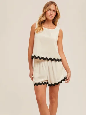 Anniewear linen set contrast trim scalloped beige tank crop top shorts neutral thumbnail 11