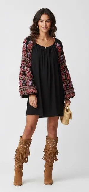 Oso Boho Folk Core Embroidered Bell Sleeve Black Shift Dress M thumbnail 1