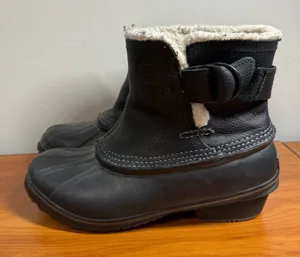 SOREL Winter Fancy Ankle Rain Snow Buckle Duck Boots Black‎ Leather Slip On 8.5 thumbnail 1