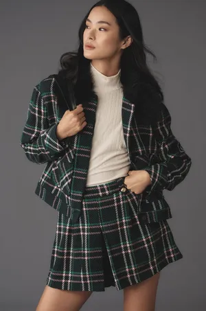 Maeve Anthropologie Plaid Faux Fur Collar Cropped‎ Jacket Green L NWT thumbnail 1