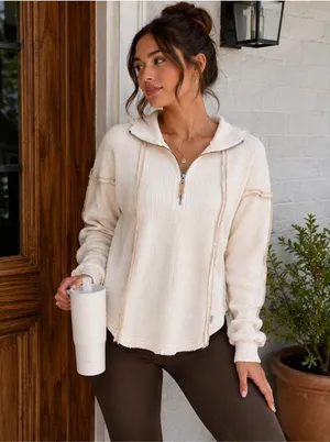BKE Women’s Waffle Knit Quarter Zip Hoodie Small Cream Hooded Pullover thumbnail 1