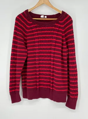 GAP Red Burgundy Striped Cable Knit Long Sleeve Crew Neck Sweater Size XL Cozy‎ thumbnail 1